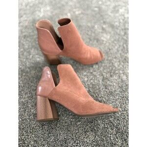 Qupid Womens Tan Peep Toe Cutout Ankle Booties Block Heel Slip-On